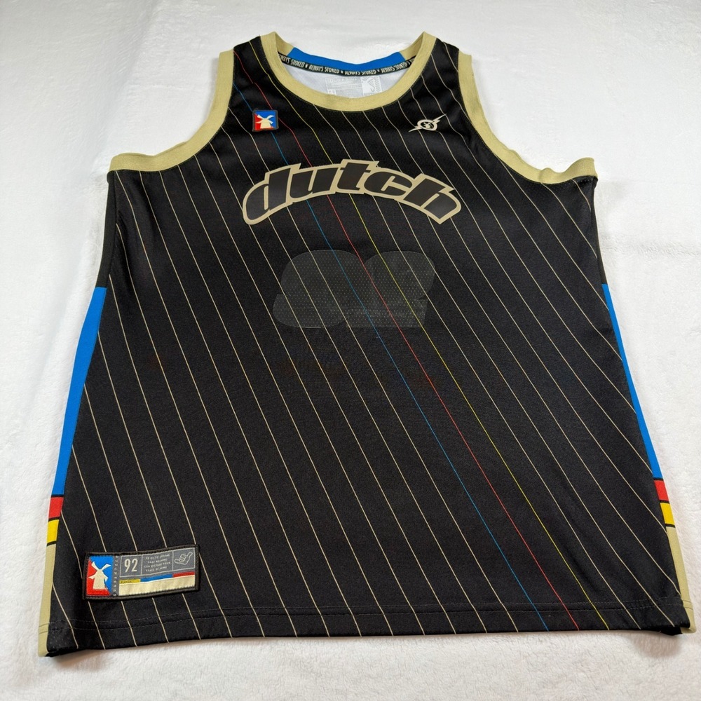 Dutch Bros Coffee Basketball Jersey Mens Large Black Pinstripe Excellent 92 Logo